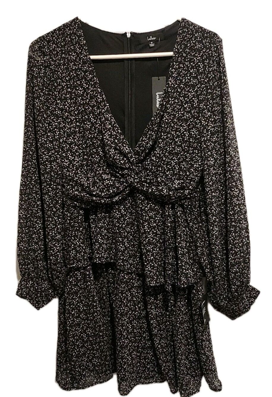 Lulus Tell You I Love You Black Print Tiered Mini Dress Size Medium NWT
